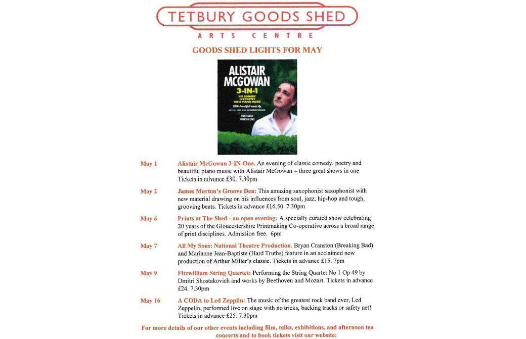 Tetbury Goods Shed May highlights